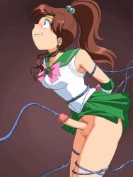 Rule 34 | 1girl, 1other, 20s, amedama akihito, animated, animated gif, arms behind back, bishoujo senshi sailor moon, blush, bottomless, bouncing breasts, bound, bound arms, bound legs, bow, breasts, brown background, brown hair, censored, choker, clenched teeth, clothes lift, cowboy shot, dark background, elbow gloves, erection, from side, futanari, gloves, gradient background, green eyes, green skirt, high ponytail, jiggle, kino makoto, leotard, long hair, looping animation, medium breasts, mosaic censoring, multicolored background, penis, pink bow, ponytail, precum, pubic hair, sailor jupiter, sidelocks, skirt, skirt lift, solo focus, source request, standing, sweat, sweatdrop, teeth, tentacle sex, tentacles, testicles, tiara, urethral insertion, white gloves, white leotard, wide-eyed