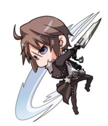 Rule 34 | 1990s (style), 1boy, bad id, bad pixiv id, blue eyes, brown hair, chibi, dissidia final fantasy, final fantasy, final fantasy viii, gunblade, male focus, neige (pais), scar, solo, squall leonhart, weapon, white background