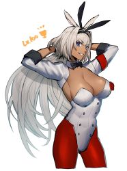 Rule 34 | 1girl, animal ears, arms behind head, arms up, black bow, black bowtie, blue eyes, bow, bowtie, breasts, caenis (fate), cleavage, collar, commentary, cowboy shot, cropped legs, dark-skinned female, dark skin, detached collar, detached sleeves, fake animal ears, fate/grand order, fate (series), grey hair, grin, hair intakes, hairband, highres, kawashita, large breasts, leotard, long hair, looking at viewer, pantyhose, parted lips, playboy bunny, rabbit ears, red pantyhose, simple background, smile, solo, strapless, strapless leotard, v-shaped eyebrows, white background, white collar, white pantyhose, white sleeves, wing collar