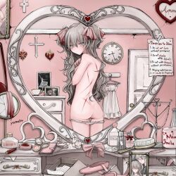 Rule 34 | 1girl, artist name, ass, book, bottle, bow, camisole, candle, clock, cross, cup, door, english text, grey eyes, grey hair, hair brush, hair ribbon, highres, long hair, looking at mirror, looking at viewer, makeup brush, mirror, multiple scars, nude, original, panties, photo (object), picture frame, pink bow, reflection, ribbon, scar, scar on back, solo, standing, tutu, underwear, unworn bow, wall clock, white camisole, white panties, yumeko (devilxkid)