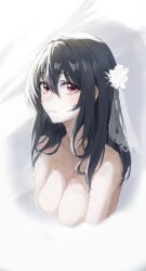 Rule 34 | 1girl, absurdres, black hair, blush, breasts, closed mouth, completely nude, expressionless, hair between eyes, hair ornament, highres, large breasts, long hair, matsogum, mole, mole under mouth, nude, original, purple eyes, sidelocks, simple background, upper body