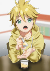 Rule 34 | 1boy, aqua eyes, blonde hair, blue eyes, blurry, blurry background, chair, commentary request, feeding, food, giving, hair between eyes, holding, holding food, holding spoon, hood, hoodie, incoming food, kagamine len, kikuchi mataha, looking at viewer, male focus, nail polish, open mouth, pov across table, sitting, spoon, table, teeth, vocaloid, yellow nails