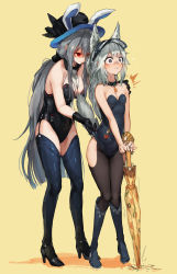 Rule 34 | 2girls, @ @, ^^^, alternate costume, animal ears, arknights, asicah, between breasts, black gloves, black legwear, blush, boots, breasts, choker, commentary, empty eyes, flying sweatdrops, full body, garter straps, gloves, grani (arknights), hand on another&#039;s shoulder, hat, high heel boots, high heels, highres, hip vent, horse girl, knee boots, knees together feet apart, large breasts, leotard, leotard pull, long hair, multiple girls, pantyhose, parasol, purple eyes, rabbit ears, red eyes, sidelocks, silver hair, simple background, skadi (arknights), small breasts, standing, surprised, tears, thigh boots, thighhighs, umbrella, very long hair, visor cap, wavy mouth, wedgie, yellow background