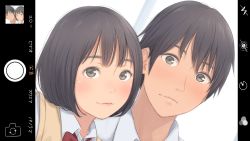 Rule 34 | 1boy, 1girl, black hair, blush, bob cut, bow, bowtie, brown eyes, brown sweater vest, cellphone display, dress shirt, embarrassed, hair strand, highres, kyak bamboo, light frown, light smile, looking at viewer, original, portrait, red bow, red neckwear, selfie, shirt, short hair, sweater vest, white shirt
