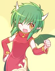 Rule 34 | 1girl, ;d, china dress, chinese clothes, detached sleeves, draco centauros, dragon girl, dragon horns, dragon tail, dragon wings, dress, fang, green hair, green wings, hand on own hip, hand up, horns, long sleeves, madou monogatari, medium hair, one eye closed, open mouth, pointy ears, puyopuyo, red dress, smile, solo, suta (clusta), tail, white horns, wings, yellow eyes