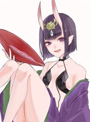 Rule 34 | 1girl, alcohol, bare shoulders, blush, bob cut, breasts, collarbone, cup, eyeliner, fangs, fate/grand order, fate (series), headpiece, highres, horns, japanese clothes, kimono, knees up, long sleeves, looking at viewer, makeup, off shoulder, oni, open clothes, open kimono, open mouth, pointy ears, pouring, pouring onto self, purple eyes, purple hair, purple kimono, revealing clothes, sakazuki, sake, short eyebrows, short hair, shuten douji (fate), simple background, sitting, skin-covered horns, small breasts, smile, solo, thighs, tukijirou960, white background, wide sleeves