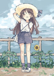 Rule 34 | 1girl, absurdres, arm behind back, black hair, blush stickers, closed eyes, cloud, cloudy sky, cumulonimbus cloud, day, fence, flower, full body, grass, grey socks, hat, highres, long hair, open mouth, original, outdoors, sasaxxxx06, shirt, shoes, shorts, sky, sleeveless, sleeveless shirt, sneakers, socks, solo, standing, straw hat, sunflower, twitter username, water, white shirt, wooden fence