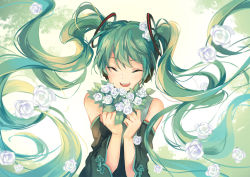 Rule 34 | 1girl, ^ ^, closed eyes, detached sleeves, closed eyes, feng you, flower, green hair, hatsune miku, headphones, long hair, open mouth, solo, twintails, upper body, very long hair, vocaloid