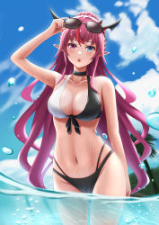 Rule 34 | 1girl, absurdres, bare shoulders, beach, bikini, blue eyes, breasts, choker, cleavage, collarbone, cowboy shot, eyewear on head, front-tie bikini top, front-tie top, heterochromia, highres, hololive, hololive english, horns, irys (hololive), kenxken, large breasts, long hair, looking at viewer, multi-strapped bikini, multicolored hair, navel, open mouth, outdoors, partially underwater shot, pointy ears, ponytail, purple eyes, purple hair, solo, streaked hair, sunglasses, swimsuit, two-tone bikini, very long hair, virtual youtuber, wading