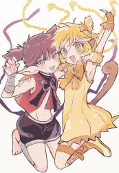 Rule 34 | 1boy, 1girl, animal ears, barefoot, black bow, black shorts, blonde hair, bow, braid, brown hair, choker, detached sleeves, fang, fong pudding, full body, gloves, magical girl, maid, maid headdress, mew pudding, midriff, monkey ears, monkey girl, monkey tail, nuka (nukamochi), open mouth, pointy ears, puffy detached sleeves, puffy sleeves, short hair, short twintails, shorts, simple background, tail, tart (tokyo mew mew), tokyo mew mew, twintails, white background, yellow eyes