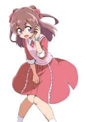 Rule 34 | 1girl, :d, blush, bow, brown hair, commentary, delicious party precure, dress, dress tug, frilled dress, frills, hair between eyes, hair bow, highres, knees together feet apart, leaning forward, long hair, nagomi yui, open mouth, pink bow, pink dress, pink vest, precure, purple eyes, sideways glance, simple background, smile, socks, solo, two side up, uraki, vest, watch, white background, white socks, wristwatch