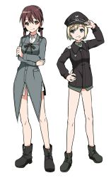 Rule 34 | 2girls, arm up, bad id, bad pixiv id, black footwear, black headwear, black ribbon, blonde hair, blue eyes, boots, breasts, brown eyes, brown hair, closed mouth, collared shirt, erica hartmann, full body, gertrud barkhorn, green shirt, grey jacket, grin, hair between eyes, hand on headwear, hand on own hip, hat, highres, ichiren namiro, jacket, long hair, low twintails, military hat, multiple girls, neck ribbon, peaked cap, ribbon, shirt, short hair, simple background, small breasts, smile, standing, strike witches, twintails, white background, white shirt, world witches series