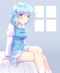 Rule 34 | 1girl, absurdres, arm support, arms at sides, bare legs, blue eyes, blue hair, blue skirt, blue vest, blush, breasts, collarbone, commentary request, cross-laced clothes, cross-laced top, crossed legs, feet out of frame, hair between eyes, heterochromia, highres, juliet sleeves, legs, long sleeves, looking at viewer, open mouth, puffy sleeves, red eyes, saisyuusensi, shirt, short hair, simple background, sitting, skirt, solo, tatara kogasa, thighs, touhou, vest, white shirt, window