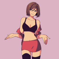 Rule 34 | 1girl, black bra, black thighhighs, bob cut, bra, breasts, brown eyes, brown hair, cleavage, collarbone, colored skin, commentary, cowboy shot, crop top, medium breasts, meiko (vocaloid), midriff, navel, orange skin, outstretched arms, pink background, red skirt, short hair, simple background, skirt, smile, solo, spread arms, stomach, sweat, thighhighs, underwear, undressing, vocaloid, yen-mi