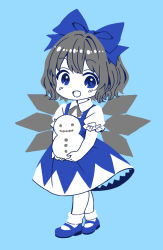 Rule 34 | 1girl, :d, ama-tou, ankle socks, black bow, blue background, blue bow, blue dress, blue eyes, blue footwear, blue theme, blush, bow, chibi, cirno, cross tie, dress, frilled sleeves, frills, full body, hair bow, holding, holding snowman, looking at viewer, mary janes, monochrome, no nose, open mouth, pinafore dress, puffy short sleeves, puffy sleeves, shoes, short hair, short sleeves, simple background, sleeveless dress, smile, snowman, socks, solo, standing, tareme, touhou, wing collar, wings