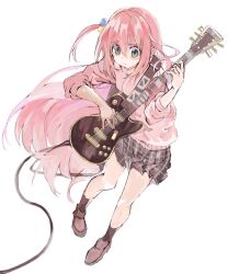 Rule 34 | 1girl, black skirt, black socks, blue eyes, bocchi the rock!, brown footwear, closed mouth, cube hair ornament, electric guitar, full body, gotoh hitori, guitar, hair between eyes, hair ornament, holding, holding instrument, instrument, jacket, konabetate, loafers, long hair, music, one side up, pink hair, pink jacket, plaid, plaid skirt, playing instrument, pleated skirt, shoes, simple background, skirt, socks, solo, track jacket, white background