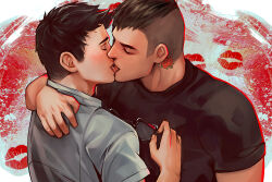 Rule 34 | 2boys, bara, black hair, black shirt, closed eyes, collared shirt, couple, david king (dead by daylight), dead by daylight, dessa nya, dwight fairfield, unworn eyewear, french kiss, highres, holding, holding removed eyewear, kiss, male focus, multiple boys, muscular, muscular male, neck tattoo, shirt, short hair, tattoo, tongue, tongue out, upper body, white shirt, yaoi