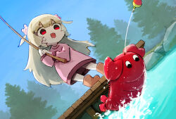Rule 34 | 1girl, blonde hair, blue sky, boots, day, dress, fang, fishing, fishing line, fishing rod, full body, hands up, highres, holding, holding fishing rod, long hair, long sleeves, natori sana, open mouth, orange footwear, outdoors, pier, pink dress, red eyes, rokun ne, sana channel, shrimp, skin fang, sky, solo, standing, surprised, sweatdrop, tree, two side up, water