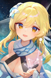 Rule 34 | 1girl, ainy, bare shoulders, blonde hair, blurry, blurry background, breasts, cleavage, constellation, detached sleeves, dress, earrings, feather hair ornament, feathers, flower, genshin impact, hair between eyes, hair flower, hair ornament, highres, jewelry, large breasts, lily (flower), looking at viewer, lumine (genshin impact), multicolored hair, open mouth, parted bangs, scarf, short hair with long locks, sidelocks, single earring, sleeveless, sleeveless dress, solo, star (symbol), starry background, upper body, white dress, white flower, white scarf, white sleeves, yellow eyes