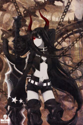 Rule 34 | 10s, 1girl, armor, auer, bad id, bad pixiv id, bikini, bikini top only, black gold saw, black hair, black rock shooter, chain, eyepatch, female focus, greaves, highres, horns, huge weapon, jacket, king saw, lingerie, long hair, navel, pale skin, red eyes, shorts, solo, swimsuit, thighhighs, underwear, weapon
