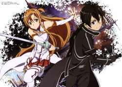 Rule 34 | 10s, 1boy, 1girl, absurdres, adachi shingo, armor, asuna (sao), black eyes, black hair, brown eyes, brown hair, detached sleeves, highres, holding, holding sword, holding weapon, kirito, long hair, looking at viewer, official art, pleated skirt, red skirt, short hair, skirt, smile, sword, sword art online, thighhighs, weapon, white armor, white thighhighs