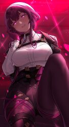 Rule 34 | 1girl, absurdres, black choker, black jacket, breasts, buttons, choker, collared jacket, collared shirt, earrings, eyewear on head, female focus, from below, gloves, gradient background, hair between eyes, hand up, high-waist shorts, highres, honkai: star rail, honkai (series), jacket, jewelry, kafka (honkai: star rail), large breasts, lips, long sleeves, looking at viewer, nuebunny, open clothes, open jacket, pantyhose, pearl earrings, petals, pink background, pink eyes, pink gloves, pink pantyhose, puffy long sleeves, puffy sleeves, purple background, purple hair, purple shorts, round eyewear, shirt, short hair, short hair with long locks, shorts, sidelocks, single earring, smile, solo, spider web print, standing, sunglasses, teeth, thread, white shirt