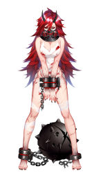 Rule 34 | 1girl, ankle cuffs, ball and chain restraint, bare arms, bare legs, bare shoulders, barefoot, bdsm, black nails, black sclera, blood, blood on clothes, bondage, bound, bound arms, breasts, chain, cleavage, collar, colored sclera, cuffs, cuts, full body, fundoshi, gas mask, hair between eyes, handcuffs, highres, horns, injury, japanese clothes, large breasts, legs apart, long hair, looking at viewer, mask, nail polish, oni horns, original, red eyes, red hair, restrained, simple background, skindentation, sleeveless, solo, standing, tank top, thigh strap, toenail polish, toenails, torn clothes, tsurime, v arms, veins, very long hair, white background, xiaoshou xiansheng