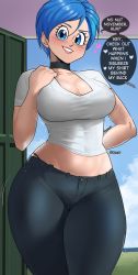 Rule 34 | 1girl, absurdres, arm behind back, black bra, black pants, blue eyes, blue hair, blush, bra, bra visible through clothes, breasts, bulma, choker, cleavage, collarbone, covered navel, denim, dragon ball, dragon ball super, echo saber, english text, female focus, hand on own chest, highres, jeans, large breasts, lips, looking at viewer, matching hair/eyes, mature female, no nut november, pants, see-through, see-through shirt, shirt, short hair, skin tight, smile, solo, speech bubble, standing, stomach, teeth, thick thighs, thighs, underwear, white shirt, wide hips