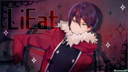 &gt;:) 1boy blood blood_splatter closed_mouth cosplay dutch_angle fur-trimmed_jacket fur-trimmed_sleeves fur_trim green_eyes highres jacket kenmochi_touya lieat long_sleeves looking_at_viewer male_focus multicolored_hair nijisanji ninahachi purple_hair red_hair red_jacket smile solo sparkle streaked_hair striped_background teobaldo_leonhearts teobaldo_leonhearts_(cosplay) twitter_username upper_body v-shaped_eyebrows virtual_youtuber