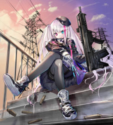 Rule 34 | 1girl, assault rifle, automatic rifle, battle rifle, beret, black jacket, bullet casing, bullpup, cable, canata katana, carbine, casing ejection, cloud, cloudy sky, crossed legs, desert tech mdr, evening, girls&#039; frontline, gloves, gun, hat, heterochromia, highres, jacket, long hair, mdr (girls&#039; frontline), pantyhose, railing, rifle, scenery, shell casing, shoes, side ponytail, silver hair, sitting, skirt, sky, smile, sneakers, weapon