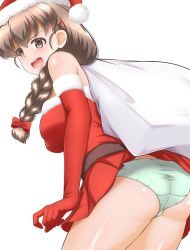 Rule 34 | 1girl, braid, braided ponytail, brown eyes, brown hair, christmas, commentary, cowboy shot, crotch seam, dress, elbow gloves, from side, fur-trimmed dress, fur trim, girls und panzer, gloves, green panties, hair ornament, hair over shoulder, hair ribbon, hairclip, hat, highres, holding, holding sack, io-catalyst, leaning forward, long hair, looking at viewer, looking back, open mouth, over shoulder, panties, red dress, red gloves, red hat, red ribbon, ribbon, rukuriri (girls und panzer), sack, santa dress, santa gloves, santa hat, simple background, single braid, smile, solo, standing, strapless, strapless dress, underwear, white background