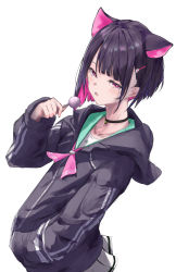Rule 34 | 1girl, absurdres, animal ears, black choker, black hair, black jacket, blue archive, candy, choker, chupa chups, colored inner hair, commentary request, food, green sailor collar, hands in pockets, highres, holding, holding food, hood, hooded jacket, jacket, kazusa (blue archive), lollipop, long neck, moruhinesan, multicolored hair, neckerchief, open mouth, pink hair, pink neckerchief, pleated skirt, sailor collar, skirt, white background, white skirt