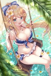 Rule 34 | 1girl, :d, armpit crease, bare arms, bare shoulders, bikini, blonde hair, blue bikini, blue eyes, bow, breasts, cleavage, collarbone, emu alice, floating hair, flower, frilled bikini, frills, front-tie bikini top, front-tie top, gomano rio, groin, hair bow, hair flower, hair ornament, halterneck, highres, jewelry, large breasts, leaf, liver city, long hair, looking at viewer, nature, navel, necklace, open mouth, ponytail, ripples, smile, solo, stomach, string bikini, swimsuit, swing, thigh strap, thighs, very long hair, water, wet