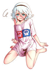 Rule 34 | 1girl, aqua eyes, barefoot, blush, cosplay, edward teach (fate), edward teach (fate) (cosplay), edward teach (final ascension) (fate), fate/grand order, fate (series), feet, full body, hairband, mary read (fate), naked shirt, parted lips, scar, shirt, simple background, sitting, solo, tomaru (to 0), wariza, white background, white hair
