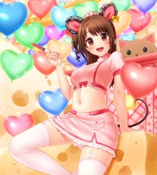 Rule 34 | 1girl, :d, animal ears, arm support, balloon, blush, bow, breasts, brown eyes, brown hair, cheese, crop top, ear ribbon, fake animal ears, fake tail, food, garter straps, hat, heart balloon, holding, holding syringe, idolmaster, idolmaster cinderella girls, leaning back, leg up, lipstick, long hair, looking at viewer, makeup, medium breasts, midriff, mouse ears, mouse tail, navel, nurse, nurse cap, one side up, open mouth, pink bow, pink shirt, pink skirt, pocket, puffy short sleeves, puffy sleeves, shimamura uzuki, shirt, short sleeves, skirt, smile, solo, swiss cheese, syringe, tail, teeth, thighhighs, underskirt, yellow bow, yoyomura