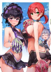 Rule 34 | 3girls, ass, bare shoulders, boudica (fate), breasts, brynhildr (cheer for master) (fate), brynhildr (fate), butt crack, fate/grand order, fate (series), flower, green eyes, hair between eyes, hair flower, hair ornament, hair up, highres, large breasts, long hair, looking at viewer, multiple girls, murasaki shikibu (fate), murasaki shikibu (swimsuit rider) (fate), murasaki shikibu (swimsuit rider) (first ascension) (fate), navel, ponytail, purple eyes, purple hair, red hair, sezok, silver hair, thighs, tomoe gozen (fate)