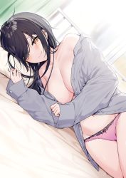 Rule 34 | 1girl, bare shoulders, bed, black hair, breasts, cleavage, ear piercing, grey shirt, groin, highres, hospital bed, itohana, large breasts, long hair, long sleeves, looking at viewer, lying, navel, no bra, no pants, off shoulder, on bed, on side, open clothes, open shirt, orange eyes, original, panties, piercing, pillow, pink panties, pov across bed, shirt, smile, solo, thighs, underwear