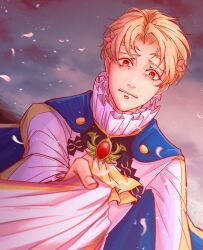Rule 34 | 1boy, alfred (fire emblem), blonde hair, despair, falling petals, fire emblem, fire emblem engage, flower, hair flower, hair ornament, highres, looking at viewer, male focus, moretemath, nintendo, petals, prince, solo, upper body