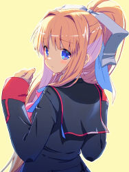 Rule 34 | 1girl, air (visual novel), akayama yukihe, alternate costume, backlighting, black jacket, blonde hair, blue eyes, blush, bow, closed mouth, commentary request, company connection, eyelashes, eyes visible through hair, from behind, frown, hair between eyes, hair intakes, hair over shoulder, hair ribbon, hand up, highres, jacket, kamio misuzu, key (company), little busters!, little busters! school uniform, long hair, long sleeves, looking at viewer, looking back, pink bow, ponytail, ribbon, school uniform, shy, sidelocks, simple background, solo, upper body, very long hair, white ribbon, yellow background