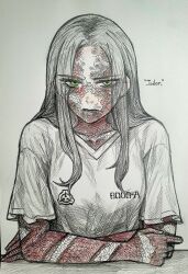 Rule 34 | 1girl, black hair, english text, green eyes, highres, long hair, looking at viewer, m4skedboi, red scales, scales, scp-6000-a, scp foundation, shirt, solo, white background, white shirt