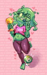 Rule 34 | 1girl, ;p, barefoot, blush stickers, clothes writing, colored skin, english text, full body, green hair, green skin, groin, heart, holding, holding trophy, long hair, meme, midriff, monster girl, navel, no pupils, notice lines, one eye closed, pants, pink background, pink shirt, plasticity, shirt, short sleeves, signature, slime (substance), slime girl, solo, standing, standing on one leg, text background, tight clothes, tight pants, tongue, tongue out, trophy, v, vinesauce, vineshroom