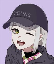 Rule 34 | 1girl, black choker, cap, chigusa (fortnite), choker, dahnjyt, fortnite, green eyes, grey background, grey sweater, happy, highres, long hair, looking at viewer, open mouth, silver hair, simple background, smile, solo, sweater, tattoo