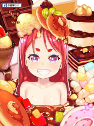 Rule 34 | 1girl, atg (wttoo0202), butter, cake, child, chocolate, collarbone, facebook, food, fruit, grin, highres, ice cream, long hair, looking at viewer, marshmallow, original, pancake, red hair, smile, solo, syrup, teeth, upper body