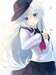 Rule 34 | 1girl, :o, anchor symbol, black hat, black skirt, blush, gengetsu chihiro, gradient background, hands on own chest, hat, heart, hibiki (kancolle), kantai collection, long hair, long sleeves, looking at viewer, neckerchief, open mouth, own hands together, pleated skirt, red neckerchief, school uniform, serafuku, shirt, skirt, sleeves past wrists, solo, tareme, upper body, very long hair, white background, white shirt