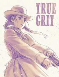 Rule 34 | 1girl, animification, belt, braid, copyright name, cowboy hat, cowboy western, floating hair, gun, handgun, hat, holding, holding gun, holding weapon, jacket, looking ahead, mattie ross, monochrome, parted lips, revolver, sepia, signature, tateo retsu, true grit, twin braids, v-shaped eyebrows, weapon
