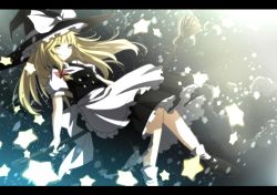 Rule 34 | 1girl, anime coloring, bad id, bad pixiv id, blonde hair, broom, danmaku, female focus, hat, itoo, kirisame marisa, letterboxed, light, long hair, night, sitting, sky, solo, star (sky), star (symbol), starry sky, touhou, witch, witch hat, yellow eyes