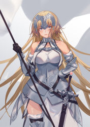 Rule 34 | 1girl, armor, armored dress, asagami (hnt16303310), bad id, bad pixiv id, bare shoulders, black gloves, blonde hair, blue eyes, blush, chain, closed mouth, commentary, detached sleeves, dress, fate/apocrypha, fate/grand order, fate (series), flag, gauntlets, gloves, hand on own hip, headpiece, highres, holding, holding flag, jeanne d&#039;arc (fate), jeanne d&#039;arc (ruler) (fate), jeanne d&#039;arc (third ascension) (fate), lips, long hair, looking at viewer, pink lips, polearm, sheath, sheathed, smile, solo, sword, very long hair, weapon, white dress, white flag