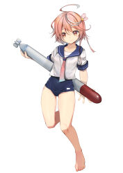 Rule 34 | 1girl, absurdres, ahoge, barefoot, blush, full body, hair ornament, highres, i-58 (kancolle), kantai collection, looking at viewer, one-piece swimsuit, pink hair, sailor collar, school swimsuit, school uniform, serafuku, short hair, simple background, smile, solo, swimsuit, swimsuit under clothes, torpedo, white background, yashin (yasinz)