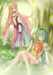 Rule 34 | 3girls, blackwing breeze the zephyr, blonde hair, caam serenity of gusto, calm, silent gusta, cape, claws, closed eyes, day, duel monster, feathers, green hair, hair ornament, harpie girl (yu-gi-oh!), heart, heart hair ornament, long hair, multiple girls, outdoors, pantyhose, ponytail, shintani tsushiya, single leg pantyhose, sitting, thighhighs, very long hair, yu-gi-oh!