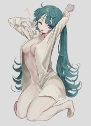 Rule 34 | 1girl, :o, absurdres, aqua hair, arms up, barefoot, blue eyes, blush, bottomless, breasts, commentary request, dress shirt, full body, grey background, hatsune miku, highres, long hair, long sleeves, medium breasts, messy hair, naked shirt, one eye closed, parted lips, shirt, simple background, sitting, solo, stretching, tachibana wataru (123tsuki), twintails, vocaloid, white shirt, yawning